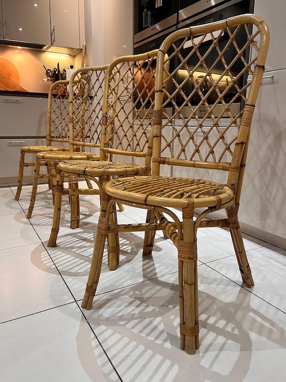 A set of 4 Bamboo Chairs with Trellis Design and Cushions
