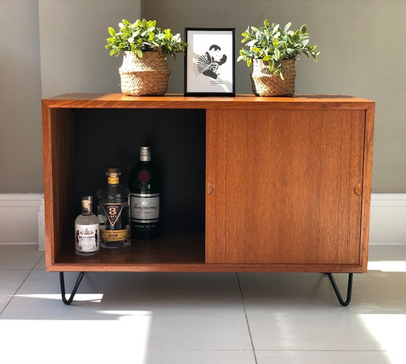 MCM Teak Royal CADO System Sliding Doors Cabinet on Steel Hairpins Made in Denmark