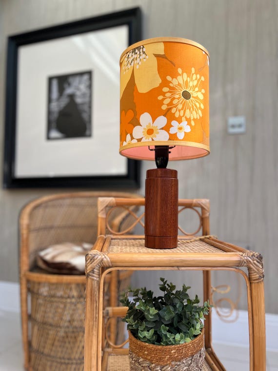 Vintage 1970s Teak Table Lamp with Bold Floral Period Shade