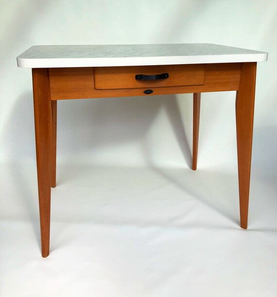 HUSSIF 60s Kitchen Table White Marble Effect Top with Beech Legs and Drawer