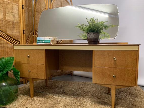 A Vintage Blond Four Drawer Dressing Table (Desk) with Mirror