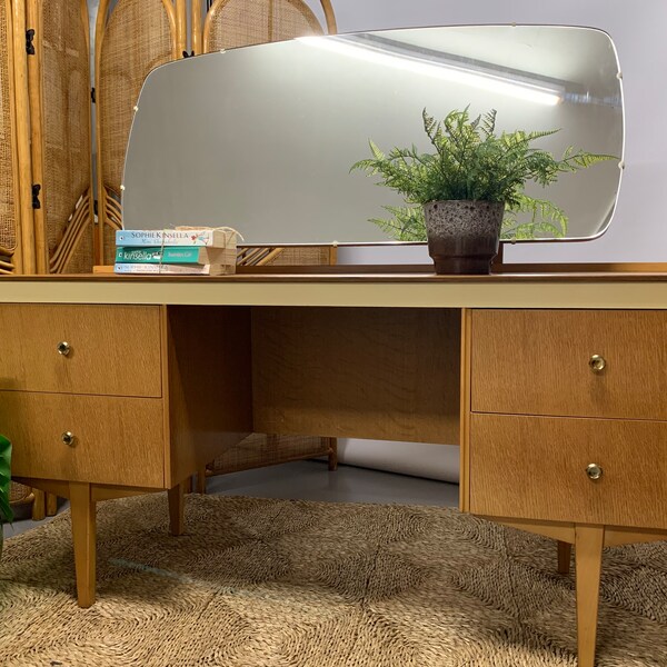 A Vintage Blond Four Drawer Dressing Table (Desk) with Mirror