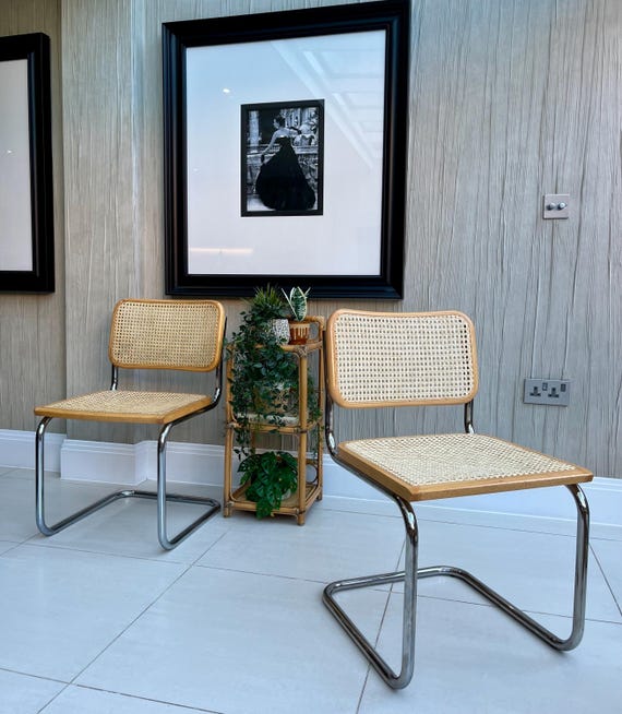 Pair of Vintage Italian Cesca Style Cane Chrome Cantilever Dining Chairs