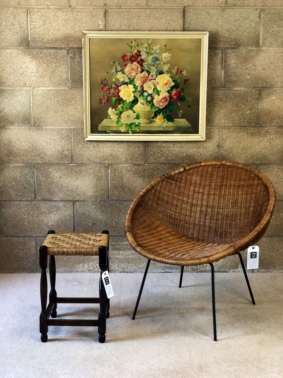 Vintage Wicker Satellite Chair with Metal Legs and Stool/Plant Coffee Table