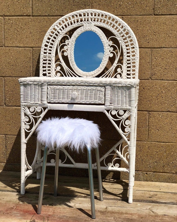 White Bamboo Dressing Table With Mirror and Faux Fur Vintage Stool