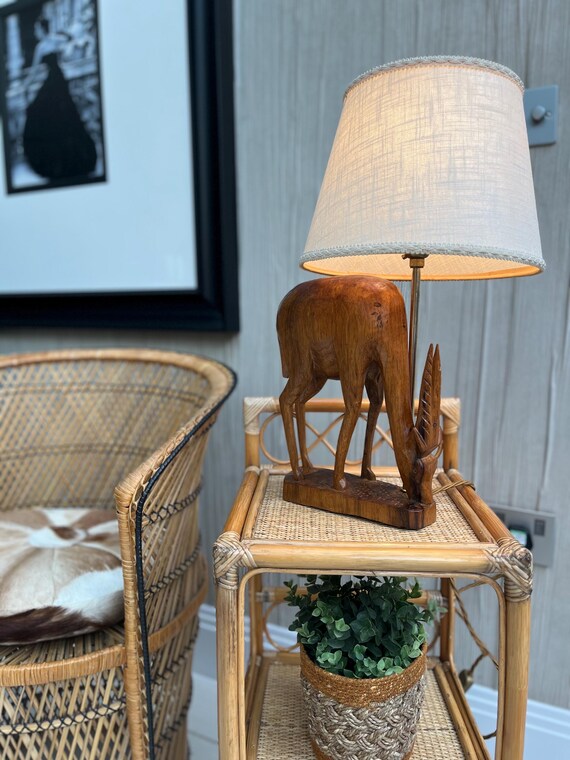 Vintage Mid Century Hand Carved African Antelope Gazelle Table Lamp with Period Shade