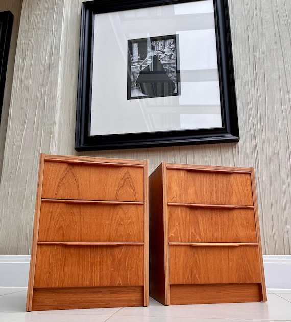 MCM Teak Bedside Cabinets: Danish Steens Pair, 3-Drawer Nightstands