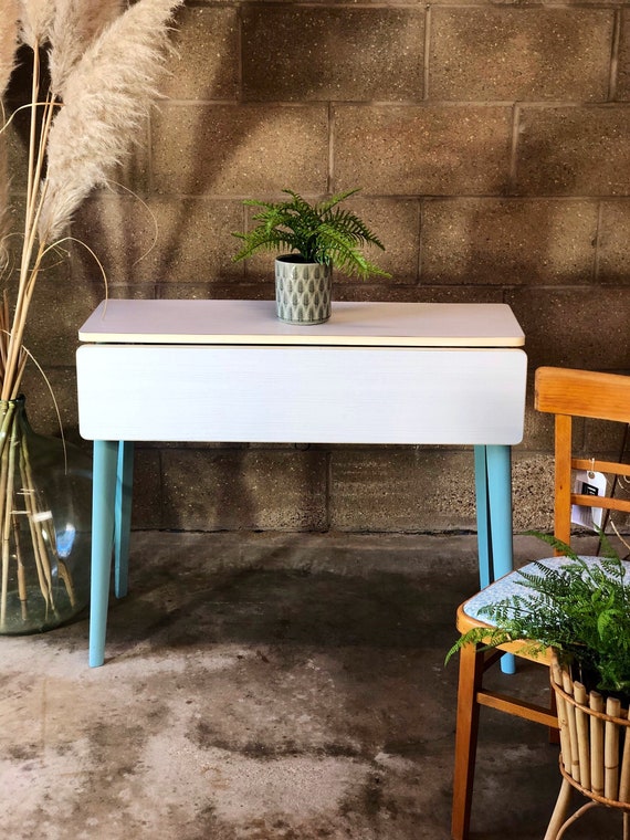 Retro Off White Folding Formica Table with Painted Blue Legs