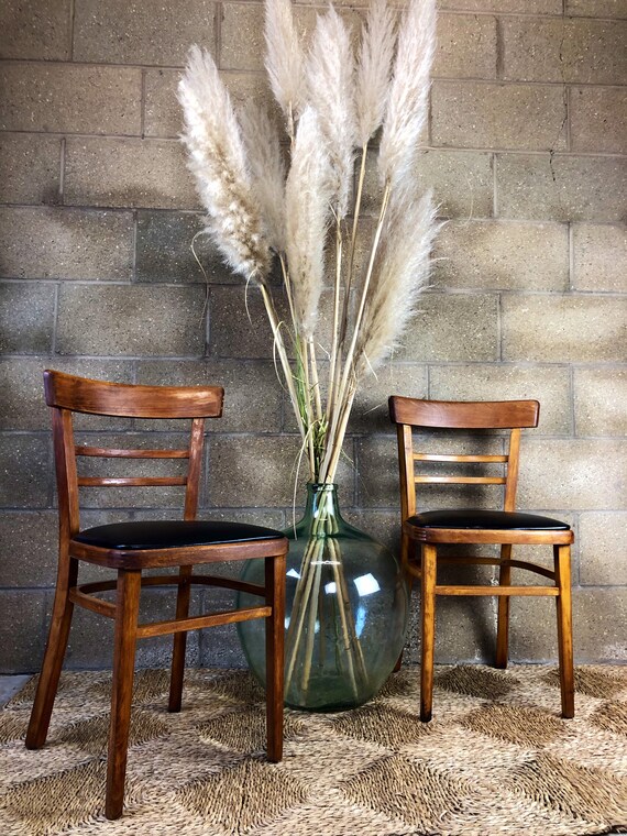 A Pair of Vintage Newly Upholstered Wooden Kitchen Bistro Cafe Chairs