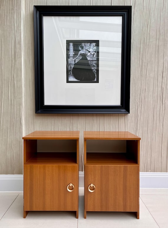 Mid-Century Teak Bedside Tables with Brass Pulls - 1970s Igo Cabinets