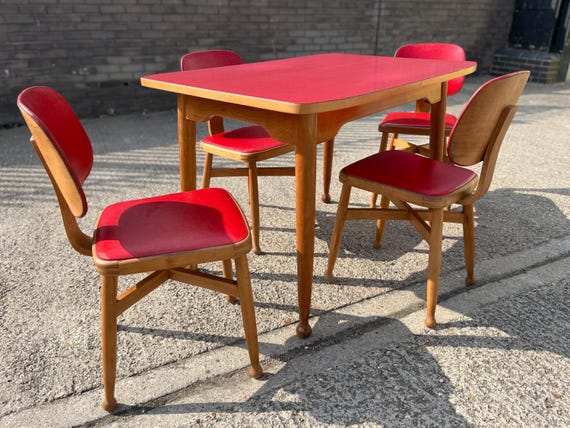 Retro Red Formica Dining Set – Table & 4 Chairs, 1950s Yugoslavia
