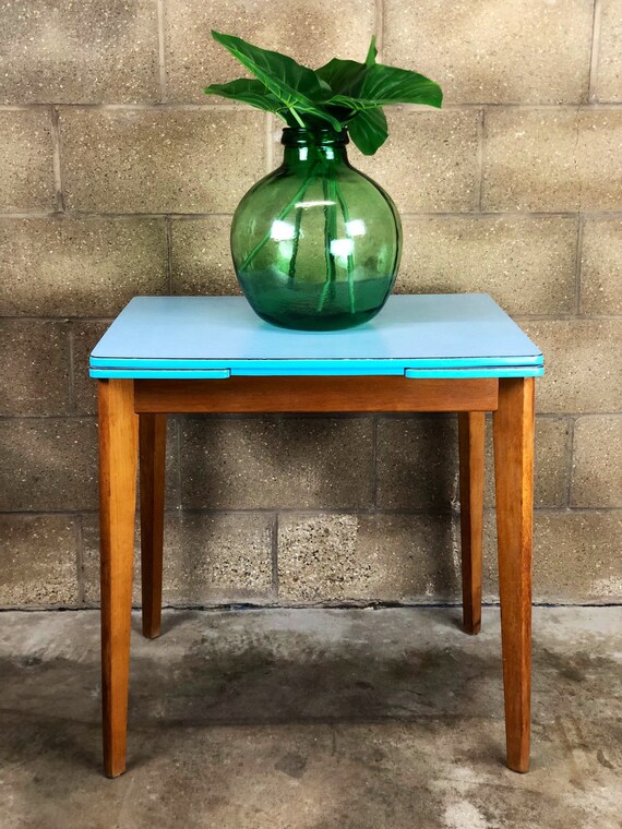 50s Formica Sky Blue Extending Kitchen Table with Original Spanner!