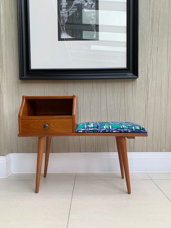 60s Atomic Telephone Hall Table with Newly Upholstered Seat in Vintage Fabric