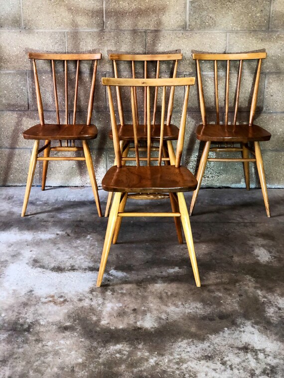 Four MCM Ercol Stickback Kitchen Dining Chairs - Model No 391 (c.1960)