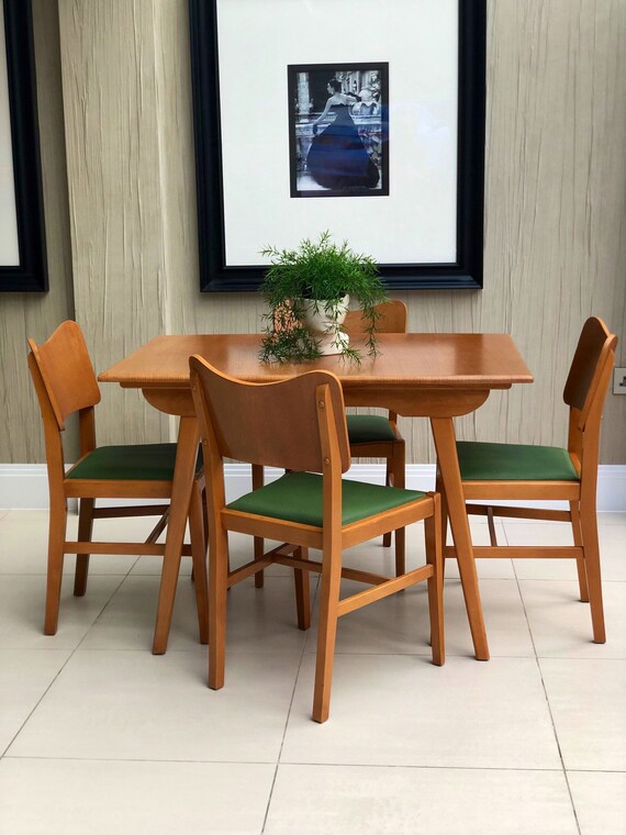 Vintage Blond Oak Extending Rectangular Kitchen Dining Table with Four Chairs Danish Style 1950s