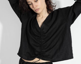 Black Linen Blouse | Long Sleeve Linen | Linen Oversized Summer Top | Cruelty Free Clothing | Holiday Clothes | V-Neck Long Sleeve Blouse |