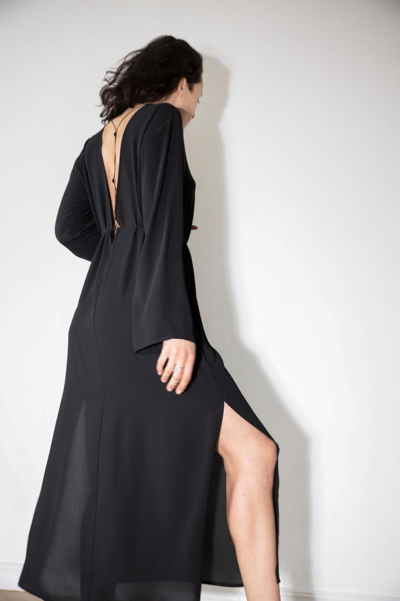 NEW Sexy Open Back Dress Floor Length Dress High Slit Gown Maxi Dress With Slit Evening Dress Long Sleeve Dress Black Dress image 1