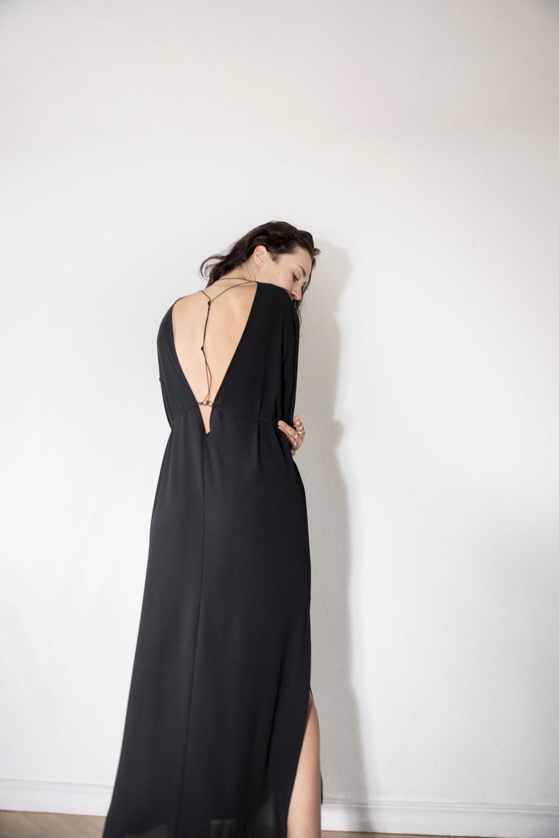 NEW Sexy Open Back Dress Floor Length Dress High Slit Gown Maxi Dress With Slit Evening Dress Long Sleeve Dress Black Dress image 5