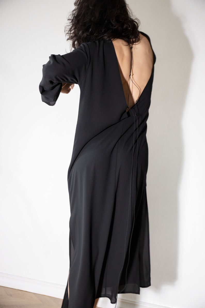NEW Sexy Open Back Dress Floor Length Dress High Slit Gown Maxi Dress With Slit Evening Dress Long Sleeve Dress Black Dress image 6
