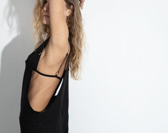 Open Back Linen Jumpsuit / Summer Bodysuit / Wide Leg Romper / Black Jumpsuit with Pockets / Loose Linen Romper / Backless Overall / Nuevo
