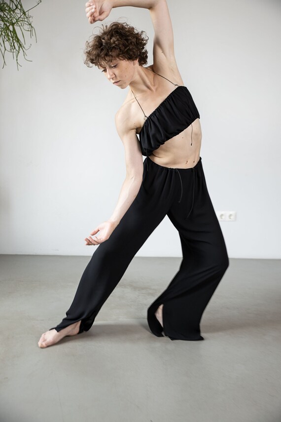 Wide Leg Trousers With Slits Black Wide Leg Pants Side Slit Pants Side Cut Trousers Adjustable Elastic Waist Pants Black Trousers Etsy UK