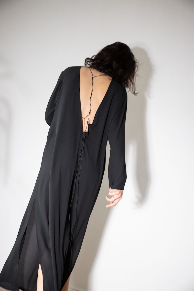 NEW Sexy Open Back Dress Floor Length Dress High Slit Gown Maxi Dress With Slit Evening Dress Long Sleeve Dress Black Dress image 4