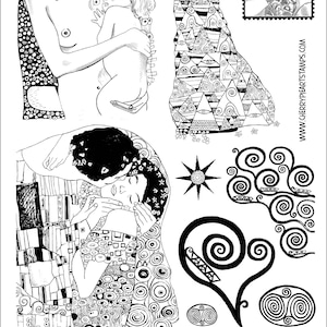 Op de afbeelding: Zwart-witte rubberen stempels met kunstwerken van Gustav Klimt. De stempels bevatten afbeeldingen van een vrouw en een kind, een knuffelend stel en verschillende abstracte ontwerpen. De tekst "PLATE DI - GUSTAV KLIMT" staat bovenaan de afbeelding.