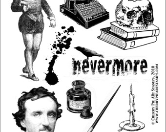 Escritores, Poe, Nevermore, Shakespeare, Tinta, Cráneo- conjunto de sellos de goma desmontados por Cherry Pie - Placa 20