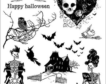 GOTHIC HAUNTED HALLOWEEN - Skeletons, owl and bats - set of unmounted rubber stamps Plate 47