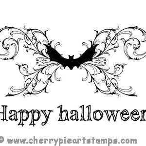 Könnte beinhalten: Schwarz-weiß-Illustration einer Fledermaus mit dekorativen floralen Schnörkeln auf beiden Seiten. Der Text "Happy Halloween" befindet sich unter der Fledermaus, darunter die Website "www.cherrypieartstamps.com".