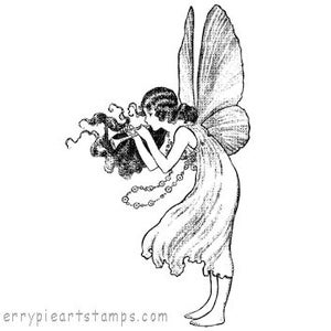 May include: Black and white line art illustration of a fairy with long flowing hair and butterfly wings. The fairy is holding a flower in her hand and is looking down at it.