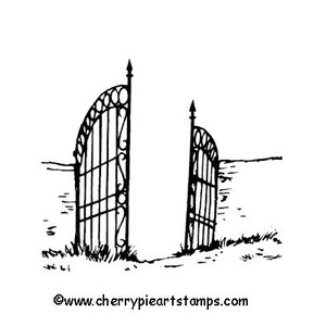 May include: A black and white line drawing of an open wrought iron gate with a stone wall on either side.
