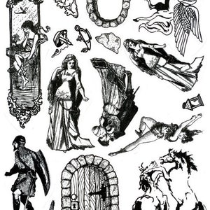 Puede incluir: Ilustraciones en blanco y negro de varios personajes y objetos de cuentos de hadas, incluyendo un caballo alado, una puerta de castillo, una mujer con un vestido y un caballero.