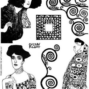 Op de afbeelding: Zwart-witte digitale stempelset met vier verschillende ontwerpen van Gustav Klimt. De ontwerpen omvatten een vrouw met een gepatroneerde jurk, een vrouw met een draaiend patroon, een geometrisch patroon en een draaiende wijnstok.