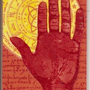 May include: A red handprint with lines and details, superimposed on a yellow circle with black text and symbols. The text on the circle reads "OSCAR".
