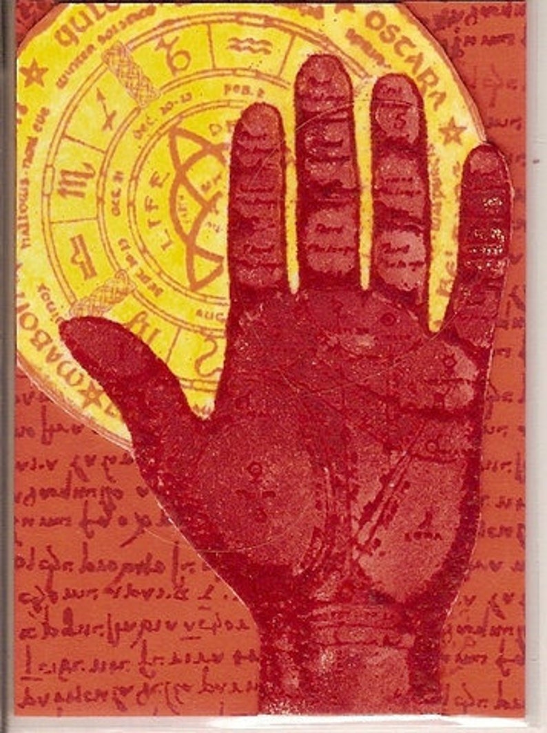 May include: A red handprint with lines and details, superimposed on a yellow circle with black text and symbols. The text on the circle reads "OSCAR".