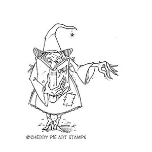 May include: A black and white line drawing of a witch reading a book titled "Spells". She is wearing a pointed hat and a long robe. She has a spider on her hat.