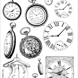 May include: A set of eight black and white rubber stamps featuring various vintage clock and watch designs. The stamps are arranged in a grid pattern on a white background. The text "Plate 6 - Watches" is at the top of the image. The text "Cherry Pie Art Stamps" is at the top right of the image. The text "These rubber stamps are to be sold as a full sheet only. Not to be sold individually." is at the bottom of the image.