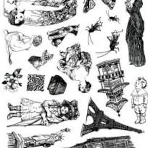 Tóquio, PARIS, NOVA IORQUE, Londres, Big Ben, Estátua da Liberdade, Torre Eiffel, pessoas, conjunto de carimbos desmontados da Cherry Pie - Placa 130