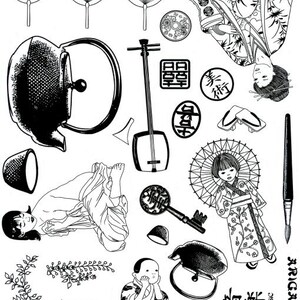 May include: Black and white illustration of a Japanese tea ceremony with various elements including a teapot, fans, a shamisen, a key, and a woman in traditional clothing.