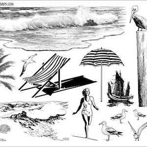 Strand-Set von 16 Meer landschaftlich RUBBER STAMPS von Kirsche Kuchen Kunst Briefmarken - Möwen, Pelikan, Ozean, Wellen Platte 32
