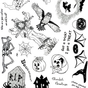 HAPPY HAUNTING, HALLOWEEN, skeletons, tombstone, ghost, pumpkin, scarecrow, witch of unmounted rubber stamps by Cherry Pie - Plate 122