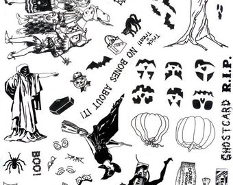 BOO, HALLOWEEN,GHOSTCARD,pumpkins,spooky, tree, candy, fall,set of unmounted rubber stamps by Cherry Pie - Plate 135