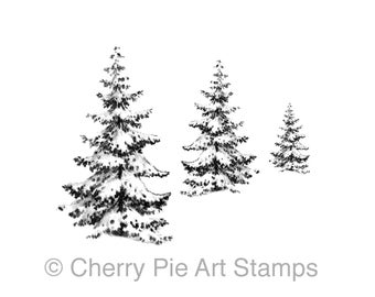 3 Fir trees with snow- CLING STAMP - rubber stamp by Cherry Pie Q215