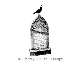Lápida victoriana con CUERVO, cuervo - SELLO DE GOMA ADHESIVO de Cherry Pie P413