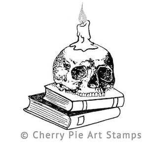 SKULL Candle holder on BOOKS- CLinG StAmp by Cherry Pie Q472