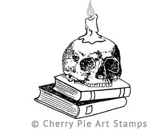 SKULL Candle holder on BOOKS- CLinG StAmp by Cherry Pie Q472