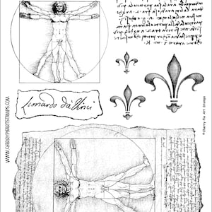 May include: Black and white rubber stamp featuring a drawing of a man in a circle and square, with the text "Leonardo da Vinci" and "Leonardo dallinci" written below the image.