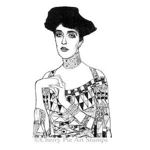 May include: Black and white line art illustration of a woman wearing a hat and a geometric patterned dress. The woman is looking down and her hands are clasped in front of her. The image is from Cherry Pie Art Stamps.