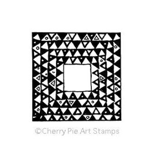 May include: Black and white geometric design stamp with a square frame and a smaller square in the center. The design features repeating triangles and circles.